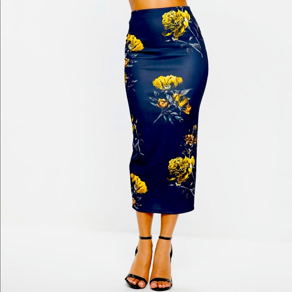 Misguided High Waisted Navy Blue & Mustard Floral Skirt